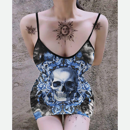 Blue Cloud Skull Printed Body Dress, Elegant Shape Out Sleeveless Minidress For Women - Wonder Skull