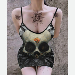 Gothic Skull Spider Web Printed Body Dress, Elegant Shape Out Sleeveless Minidress For Women - Wonder Skull