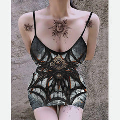 Gothic Spider Net Printed Body Dress, Elegant Shape Out Sleeveless Minidress For Women - Wonder Skull