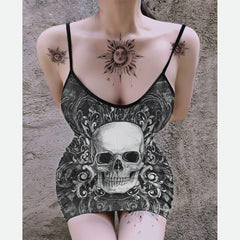 Black Grey Gothic Skull Ornament Printed Body Dress, Hot Sleeveless Minidress For Women - Wonder Skull