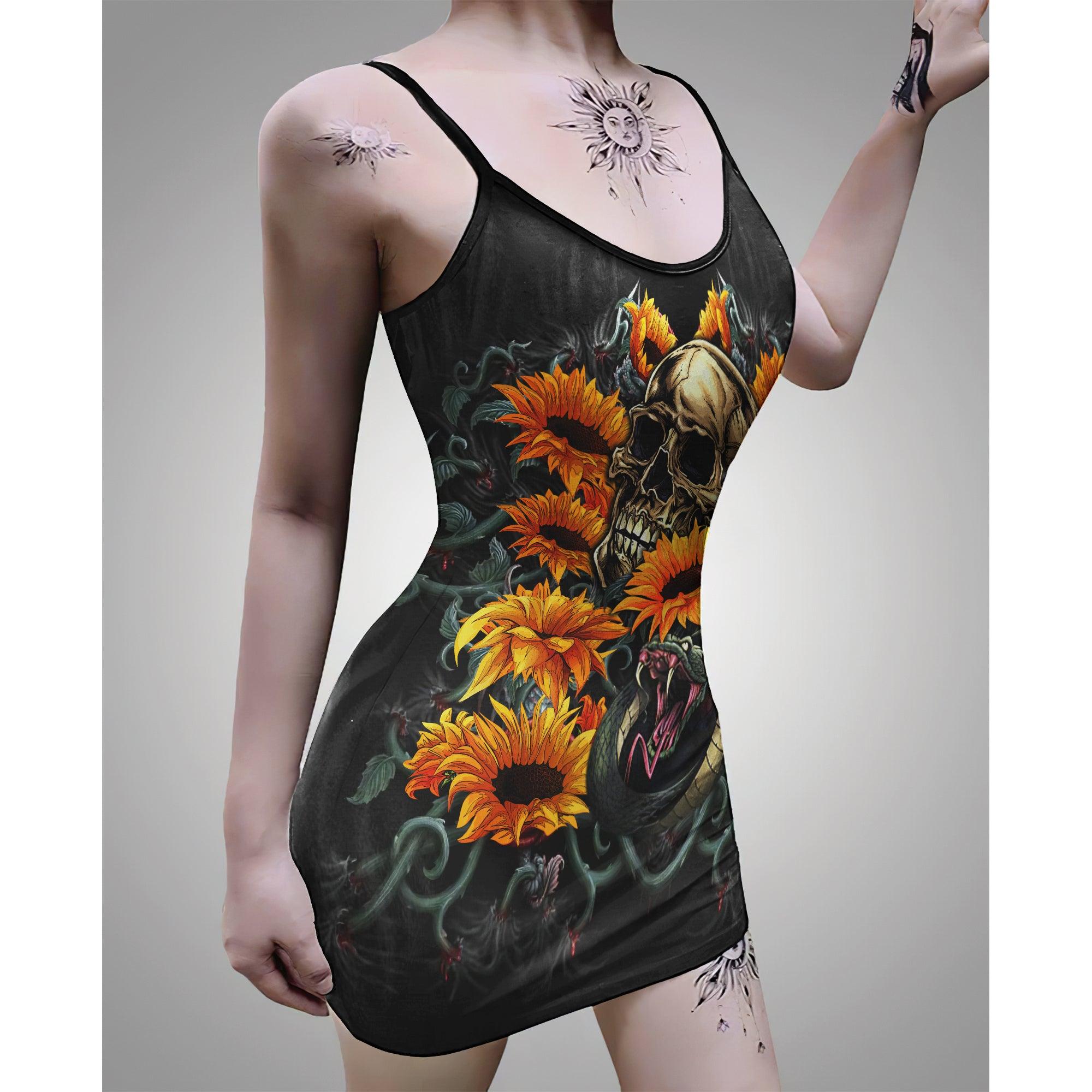 Sunflower Snake Skull Printed Body Dress, Hot Sleeveless Minidress For Women - Wonder Skull