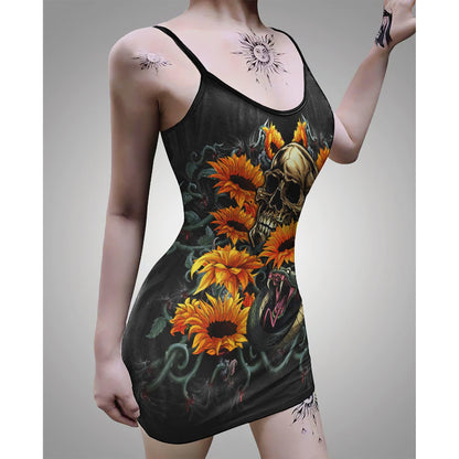 Sunflower Snake Skull Printed Body Dress, Hot Sleeveless Minidress For Women - Wonder Skull