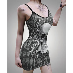 Black Grey Gothic Skull Ornament Printed Body Dress, Hot Sleeveless Minidress For Women - Wonder Skull