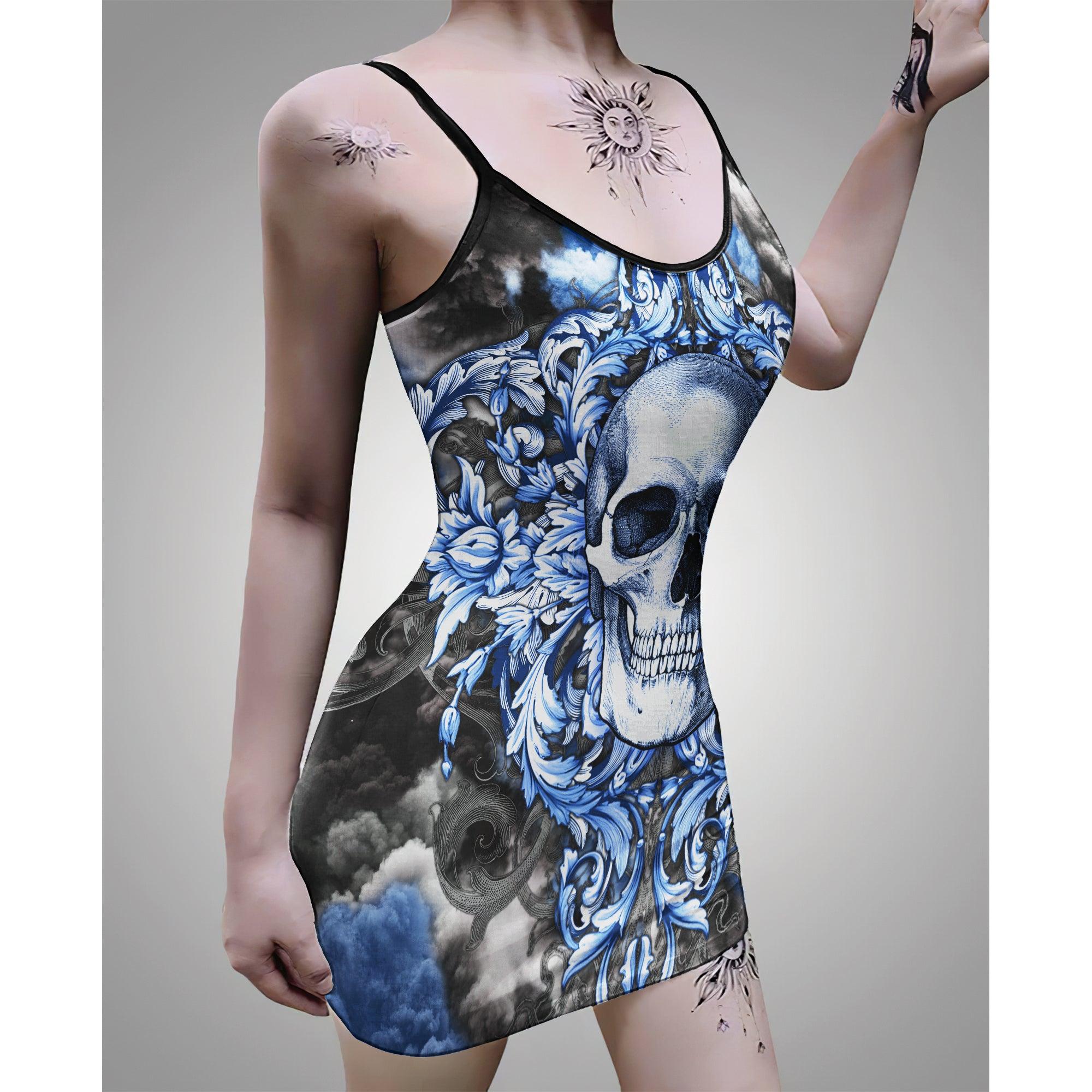 Blue Cloud Skull Printed Body Dress, Elegant Shape Out Sleeveless Minidress For Women - Wonder Skull