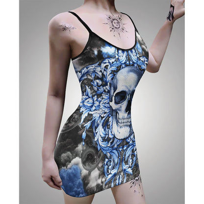 Blue Cloud Skull Printed Body Dress, Elegant Shape Out Sleeveless Minidress For Women - Wonder Skull