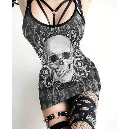 Black Grey Gothic Skull Ornament Printed Body Dress, Hot Sleeveless Minidress For Women - Wonder Skull