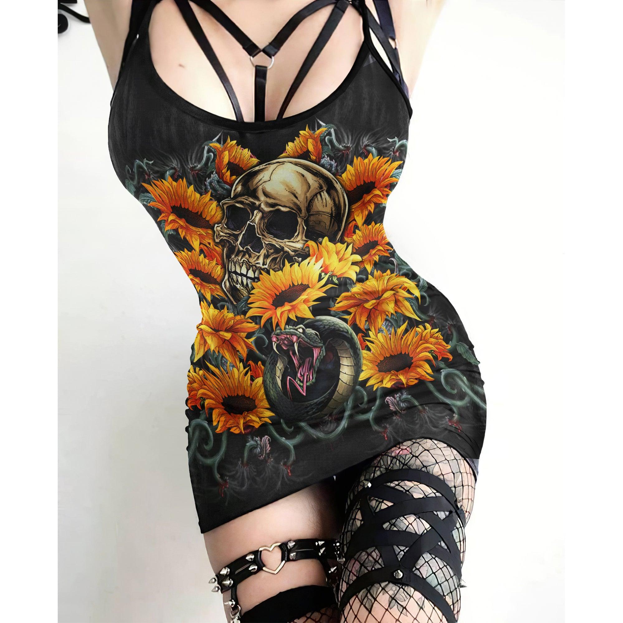Sunflower Snake Skull Printed Body Dress, Hot Sleeveless Minidress For Women - Wonder Skull