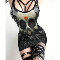 Gothic Skull Spider Web Printed Body Dress, Elegant Shape Out Sleeveless Minidress For Women - Wonder Skull