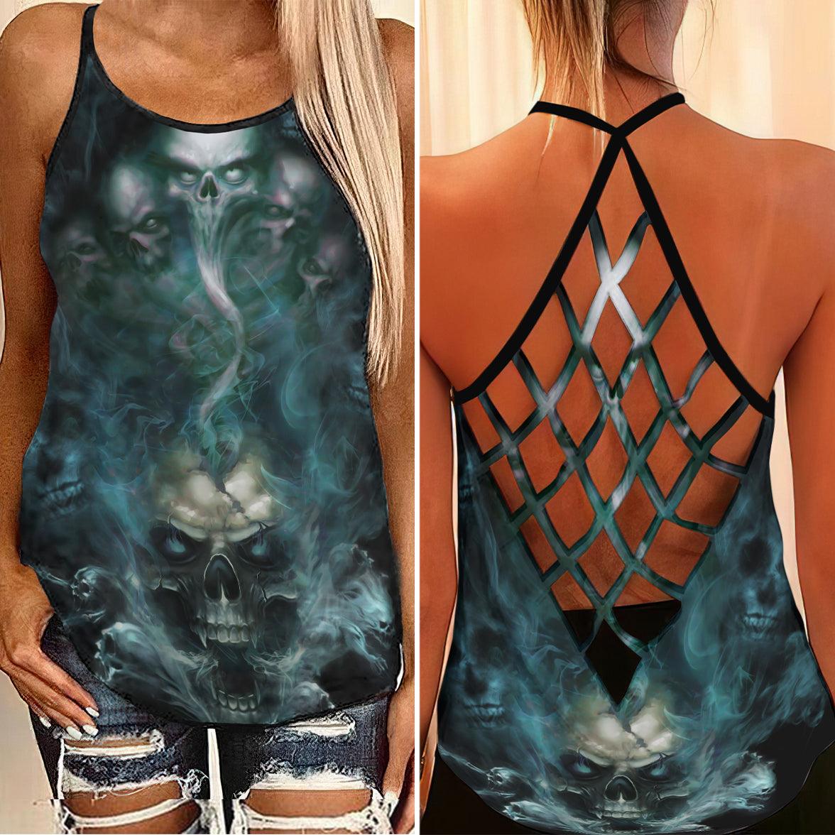 Smoke Soul Of Skull Criss-Cross Open Back Tank Top, Coolest T-Shirt For Women - Wonder Skull