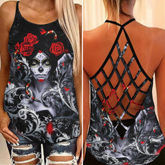 Gothic Girl Skull Artwork Hand Criss-Cross Open Back Tank Top, Hot T-Shirt For Women - Wonder Skull