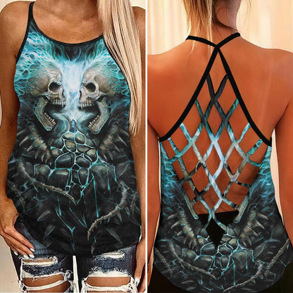 Earthquake Skull Criss-Cross Open Back Tank Top, Trending T-Shirt For Women - Wonder Skull