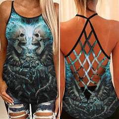 Earthquake Skull Criss-Cross Open Back Tank Top, Trending T-Shirt For Women - Wonder Skull