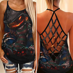 Halloween Pumpkin Skull Criss-Cross Open Back Tank Top, Hot T-Shirt For Women - Wonder Skull