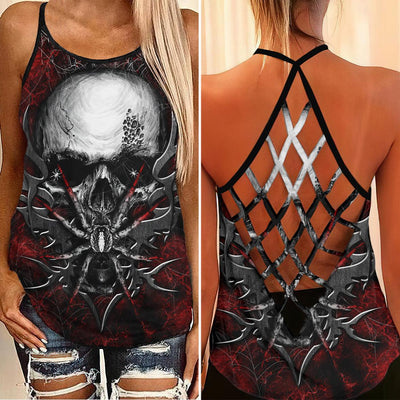 Gothic Spider Skull Criss-Cross Open Back Tank Top, Hot T-Shirt For Women - Wonder Skull