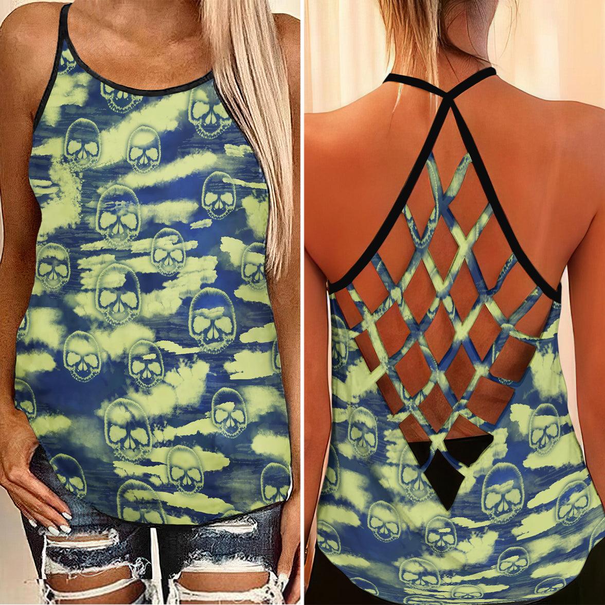 Green Blue Skull Camo Pattern Criss-Cross Open Back Tank Top, Trending T-Shirt For Women - Wonder Skull