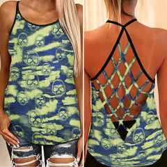 Green Blue Skull Camo Pattern Criss-Cross Open Back Tank Top, Trending T-Shirt For Women - Wonder Skull