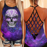Purple Sugar Skull Rose Criss-Cross Open Back Tank Top, Trending T-Shirt For Women - Wonder Skull