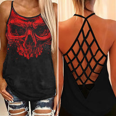 Red Skull Criss-Cross Open Back Tank Top, Hot T-Shirt For Women - Wonder Skull