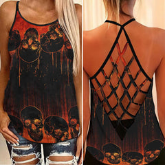 Red Black Double Line Skull Artwork Hand Criss-Cross Open Back Tank Top, Trending T-Shirt For Women - Wonder Skull