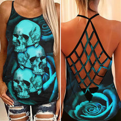 Triple Blue Skull Roses Criss-Cross Open Back Tank Top, Trending T-Shirt For Women - Wonder Skull