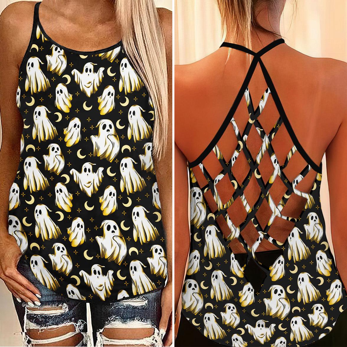 Halloween Boo Criss-Cross Open Back Tank Top, Hot T-Shirt For Women - Wonder Skull