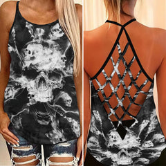 B&W Smoke Soul Skull Criss-Cross Open Back Tank Top, Coolest T-Shirt For Women - Wonder Skull