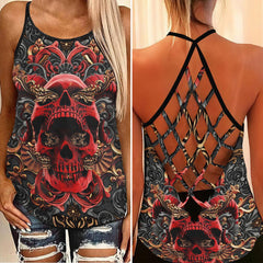 Red Ornament Skull Gothic Criss-Cross Open Back Tank Top, Coolest T-Shirt For Women - Wonder Skull