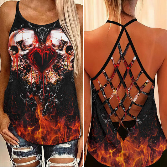 Gothic Skull Fire Criss-Cross Open Back Tank Top, Hot T-Shirt For Women - Wonder Skull