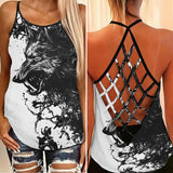 Attractive Wolf Artwork Hand Criss-Cross Open Back Tank Top, Hot T-Shirt For Women - Wonder Skull