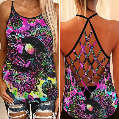 Rainbow Skull Rose Criss-Cross Open Back Tank Top, Trending T-Shirt For Women - Wonder Skull