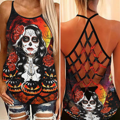 Halloween Girl Pumpkin Criss-Cross Open Back Tank Top, Hot T-Shirt For Women - Wonder Skull