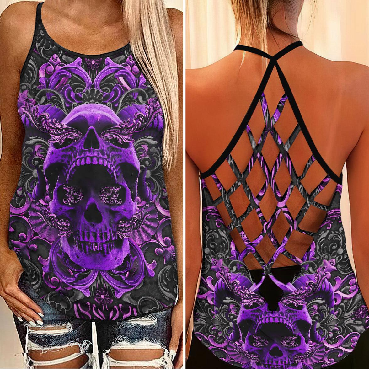 Purple Ornament Skull Gothic Criss-Cross Open Back Tank Top, Coolest T-Shirt For Women - Wonder Skull