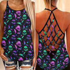 Gradient Skull Bat Criss-Cross Open Back Tank Top, Coolest T-Shirt For Women - Wonder Skull