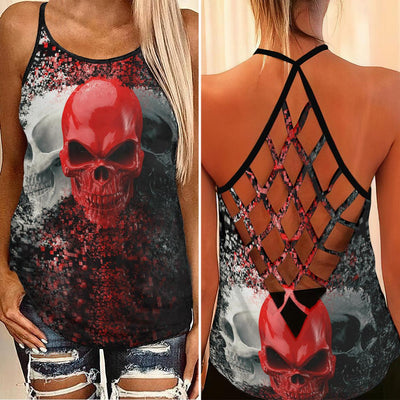 Three Skull Rose Criss-Cross Open Back Tank Top, Trending T-Shirt For Women - Wonder Skull