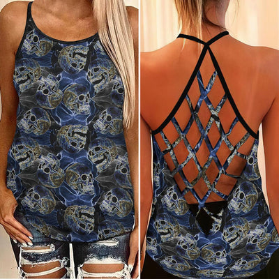 Gothic Skull Water Flow Criss-Cross Open Back Tank Top, Coolest T-Shirt For Women - Wonder Skull