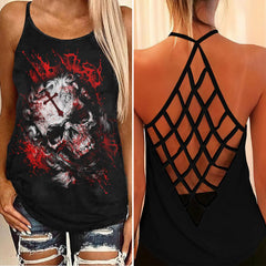 Gothic Cross Death Skull Artwork Hand Criss-Cross Open Back Tank Top, Hot T-Shirt For Women - Wonder Skull