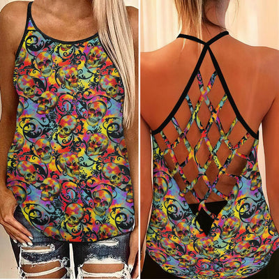 Tie Dye Skull Ornament Criss-Cross Open Back Tank Top, Trending T-Shirt For Women - Wonder Skull