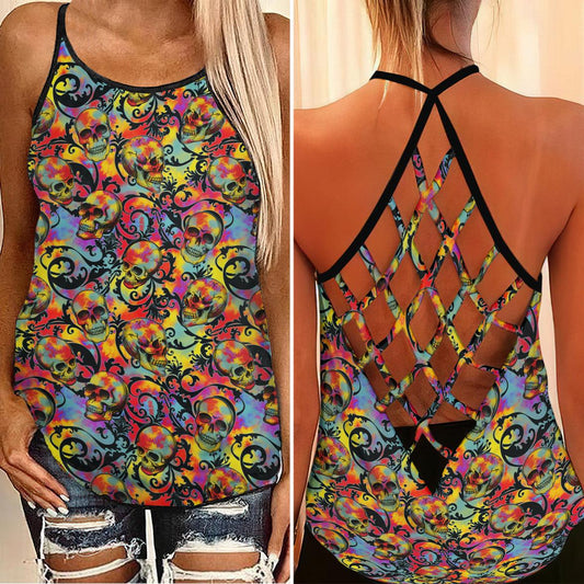 Tie Dye Skull Ornament Criss-Cross Open Back Tank Top, Trending T-Shirt For Women - Wonder Skull