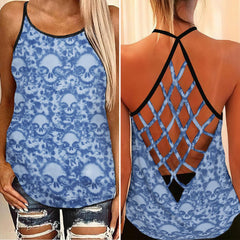 Blue Skull Camo Pattern Criss-Cross Open Back Tank Top, Trending T-Shirt For Women - Wonder Skull