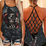 Scary Skull Death Hand Criss-Cross Open Back Tank Top, Hot T-Shirt For Women - Wonder Skull