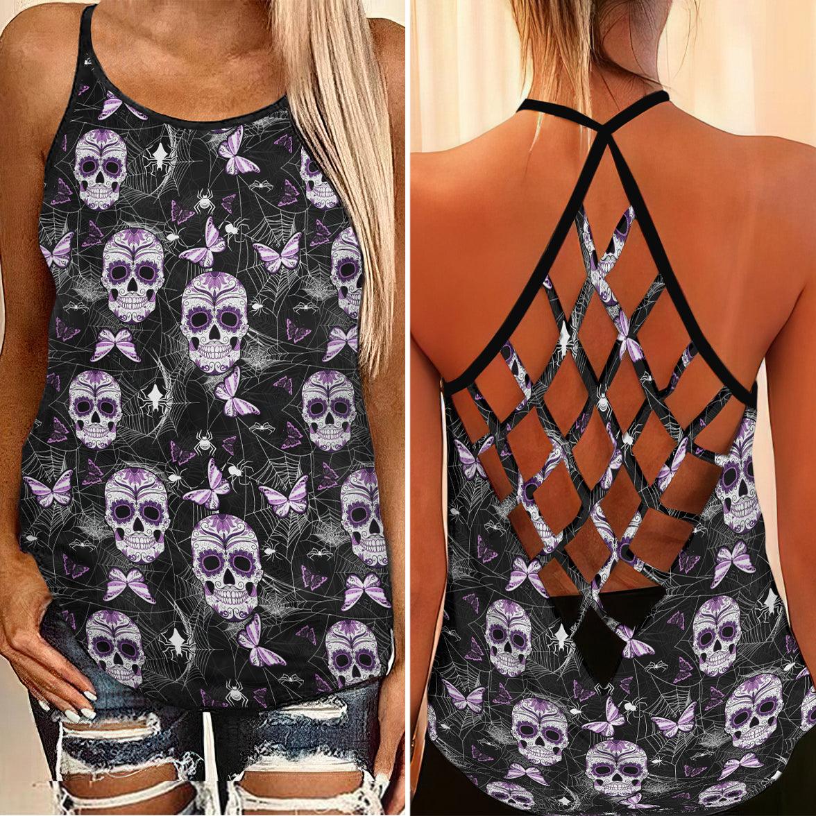 Butter Skull Spider Web Criss-Cross Open Back Tank Top, Coolest T-Shirt For Women - Wonder Skull