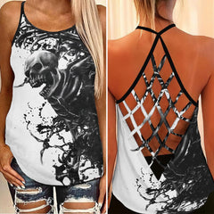 Attractive Skull Artwork Hand Criss-Cross Open Back Tank Top, Hot T-Shirt For Women - Wonder Skull