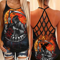 Halloween Skull Death Criss-Cross Open Back Tank Top, Hot T-Shirt For Women - Wonder Skull