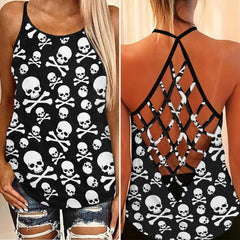 Skull Bone Criss-Cross Open Back Tank Top, Hot T-Shirt For Women - Wonder Skull