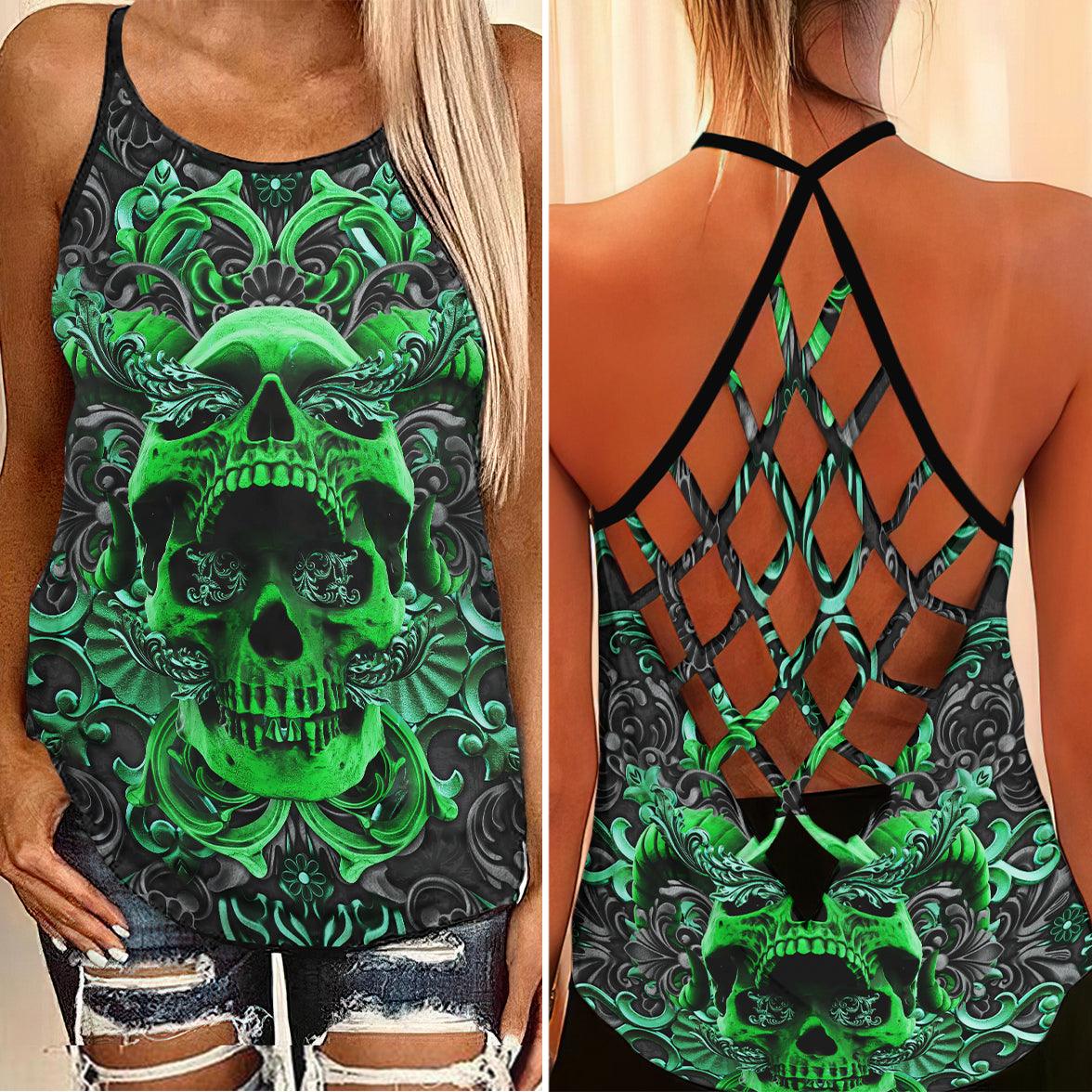 Ornament Skull Gothic Criss-Cross Open Back Tank Top, Coolest T-Shirt For Women - Wonder Skull