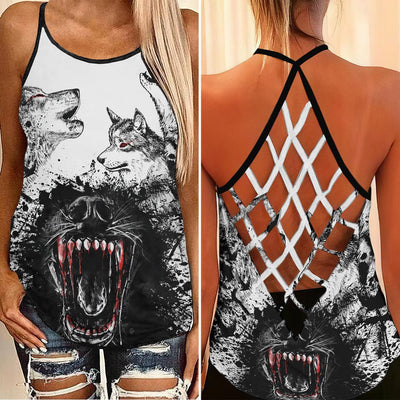 Wolves Wholling Criss-Cross Open Back Tank Top, Hot T-Shirt For Women - Wonder Skull