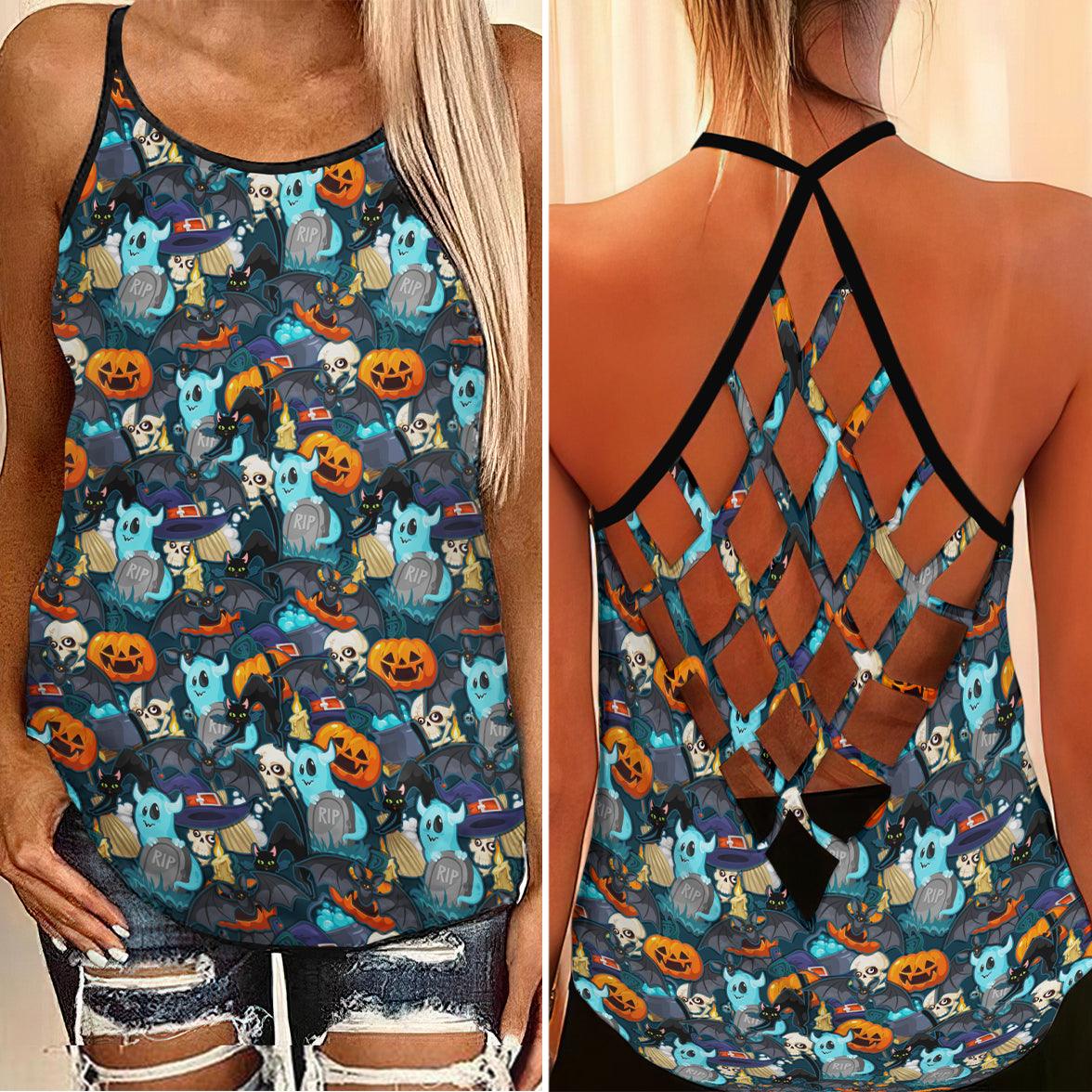 Halloween Skull Boo Pumpkin Criss-Cross Open Back Tank Top, Hot T-Shirt For Women - Wonder Skull