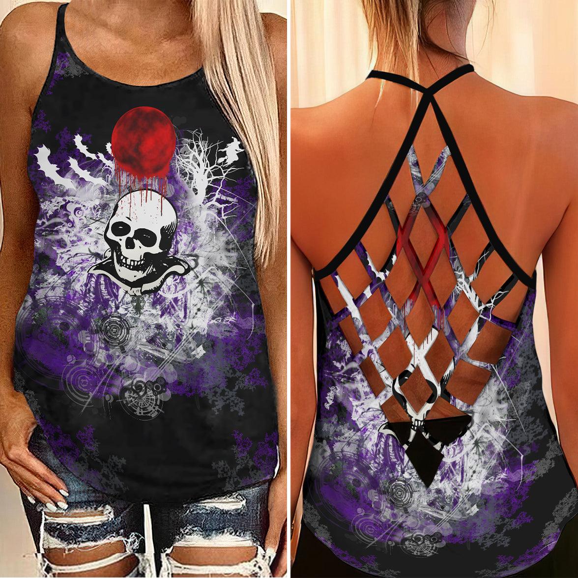 Bloody Moon Skull Rose Criss-Cross Open Back Tank Top, Trending T-Shirt For Women - Wonder Skull