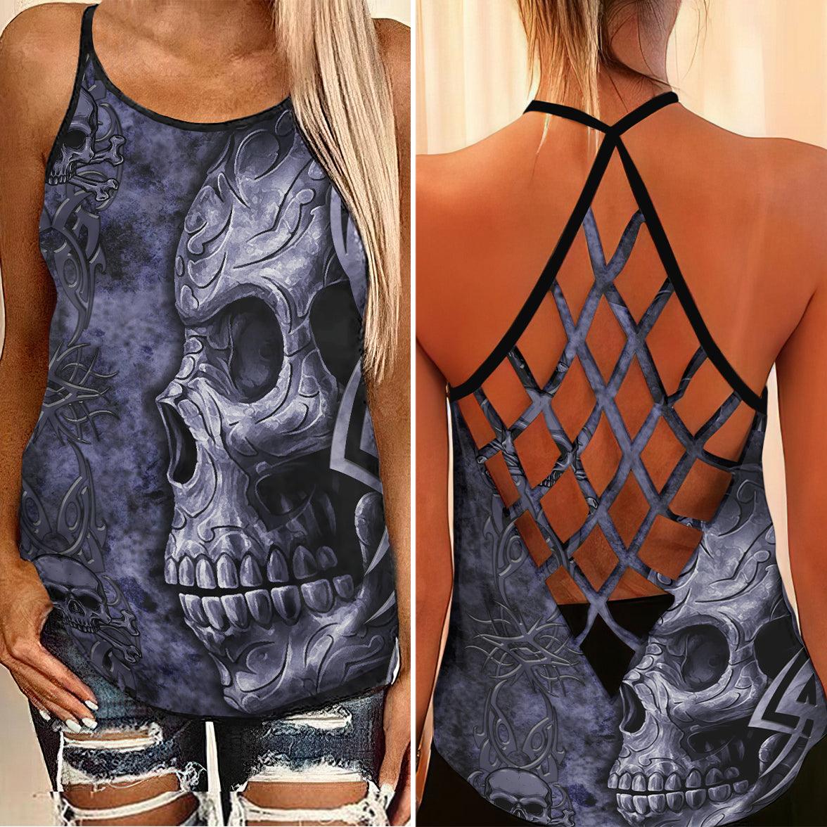 Dark Ancient Gothic Skull Criss-Cross Open Back Tank Top, Coolest T-Shirt For Women - Wonder Skull