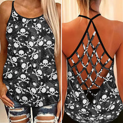 Black Skull Spider Web Criss-Cross Open Back Tank Top, Coolest T-Shirt For Women - Wonder Skull